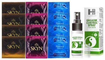 Комплект: пролонгатор SHS Orgasm Control Spray 15 мл + 8 шт SKYN + 4 шт Pasante Ribbed SOS10906 фото