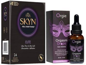 Набір з SKYN Elite (24 шт) + краплі з вібрацією  Intense Orgie Orgasm Drops (30 мл) SOS10134 фото