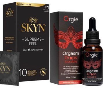 Набір з Skyn Supreme Feel 10 шт + Збуджувальні краплі Orgie Orgasm Drops Kissable (30 мл) SOS10284 фото