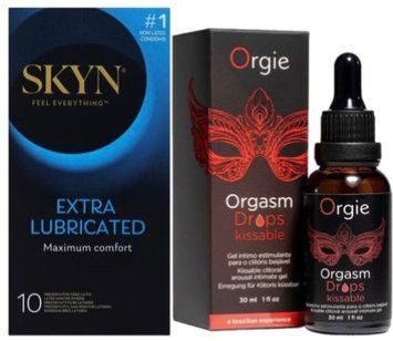 Набор из SKYN Extra Lube (10 шт) + Возбудительные капли Orgie Orgasm Drops Kissable (30 мл) SOS10184 фото