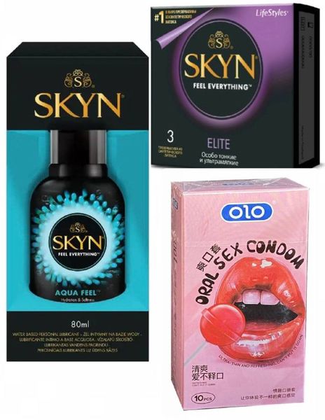 Набор : Skyn Elite 3 шт, OLO Oral Candy 10 шт и Лубрикант SKYN AQUA FEEL 80МЛ SOS94 фото