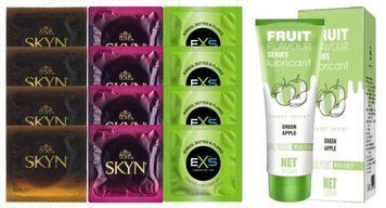 Комплект: Лубрикант OLO со вкусом яблока (120 мл) + 8 шт. SKYN + 4 шт. EXS EXTREME 3 в 1 SOS10713 фото