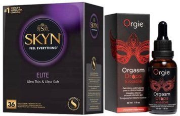 Набір з SKYN Elite 36 шт + Рідкий вібратор Orgie Orgasm Drops Kissable (30 мл) SOS10235 фото