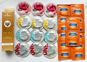 Набір 22 шт ONE Flavor Waves, Super Sensitive, Extreme ribs , Super Studs - Pasante Warming + Sensuva Deeply Love You Salted Caramel (29 мл) SOS1823 фото