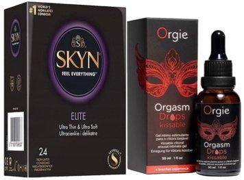 Набір з SKYN Elite (24 шт) + краплі з вібрацією  Orgie Orgasm Drops Kissable (30 мл) SOS10135 фото