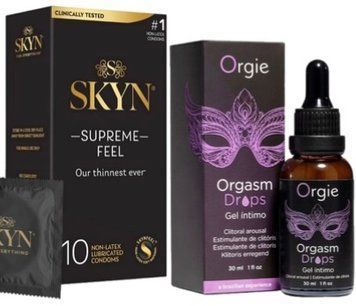 Набір з Skyn Supreme Feel 10 шт + Збуджувальні краплі Orgie Orgasm Drops (30 мл) SOS10285 фото