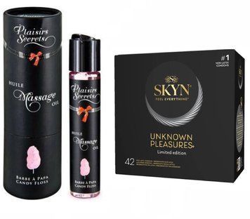 Набір : Масажна олія Plaisir Secret  Candy Floss 59 мл та SKYN Unknown Pleasures+ &ndash; 42 шт SOS659 фото