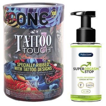 Набор из ONE Tattoo Touch, 100 шт + Пролонгатор Medica-group Super Orgasm Stop 150 мл SOS9168 фото