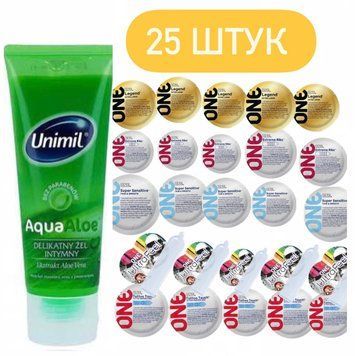 Набор One 25 шт: Ribs , Legend , UltraFeel , Tattoo, Sensitive и Лубрикант Unimil Aqua Aloe 80 мл SOS518 фото