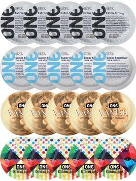 Набор с 20 шт ONE Extra strong + 𝐎𝐍𝐄 𝐒𝐮𝐩𝐞𝐫 𝐒𝐞𝐧𝐬𝐢𝐭𝐢𝐯𝐞 + ONE Vanish + One Extreme ribs SOS8167 фото