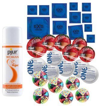 Комплект 30 шт One Extreme Ribs, Classic, Flavor Waves и EXS Cooling - Лубрикант pjur Woman Vegan (30 мл) SOS3407 фото
