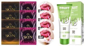 Комплект: Лубрикант OLO со вкусом яблока (120 мл) + 8 шт SKYN + 4 шт 𝐎𝐍𝐄 Bubblegum SOS10737 фото