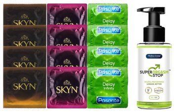 Комплект: Пролонгатор Super Orgasm Stop Гель (150 мл) + 8 шт SKYN + 4 шт Pasante Delay SOS10787 фото