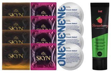 Набір:  Лубрикант Intt Strawberry (100 мл) + 4 шт SKYN passion daiquiri + 4 шт SKYN CHERRY SUNRISE + 4 шт ONE Classic Select SOS10359 фото