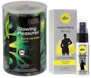 Набор из ONE Glowing Pleasures, 100 шт + Пролонгатор pjur Superhero Strong Spray 20 ml SOS9553 фото