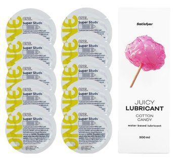 Комплект 𝐎𝐍𝐄 𝐒𝐮𝐩𝐞𝐫 𝐒𝐭𝐮𝐝𝐬 10 шт. + Лубрикант Satisfyer Juicy Lubricant Cotton Candy (300 мл) SOS12361 фото
