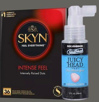 Комплект Skyn Intense feel 36 штук + Спрей  Doc Johnson GoodHead &ndash; Juicy Head Dry Mouth Spray &ndash; Cotton Candy 59мл SOS5395 фото
