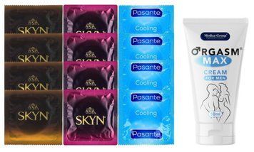 Комплект: Пролонгатор Medica-Group Orgasm Max 50 мл + 8 шт SKYN + 4 шт Pasante Cooling SOS10957 фото