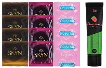 Комплект: Лубрикант Intt Strawberry (100 мл) + 8 шт SKYN + 4 шт Pasante extra sensitive SOS10386 фото