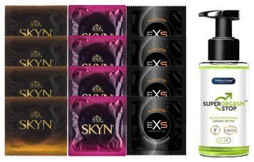 Комплект: Пролонгатор Super Orgasm Stop Гель (150 мл) + 8 шт. SKYN + 4 шт. EXS EXS Black Latex SOS10814 фото
