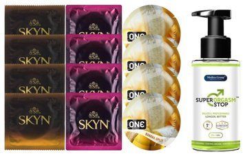 Комплект: Пролонгатор Super Orgasm Stop Гель (150 мл) + 8 шт. SKYN + 4 шт. ONE Banana SOS10764 фото