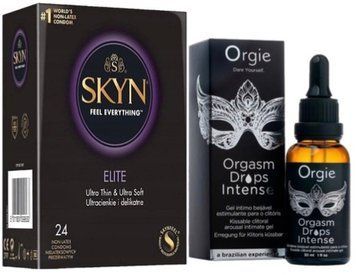 Набір з SKYN Elite (24 шт) + краплі з вібрацією  Orgie Orgasm Drops Intense (30 мл)  SOS10136 фото