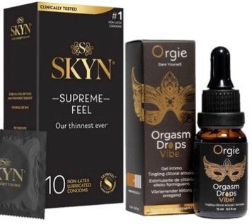 Набір з Skyn Supreme Feel 10 шт + Збуджувальні краплі ORGASM DROPS VIBE! (15 мл) від ORGIE SOS10286 фото