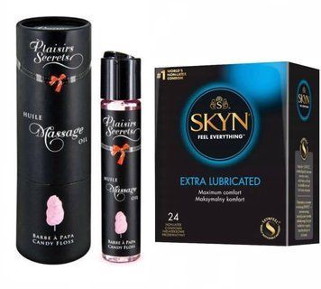 Набір : Масажна олія Plaisir Secret  Candy Floss 59 мл та SKYN Extra Lube &ndash; 24 шт SOS660 фото