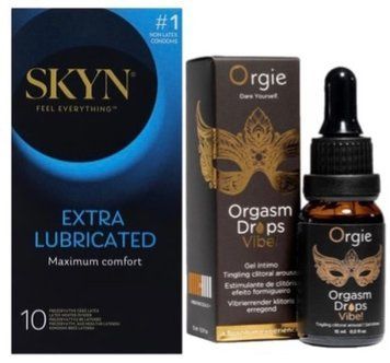 Набор из SKYN Extra Lube (10 шт) + Возбудительные капли ORGASM DROPS VIBE! (15 мл) от ORGIE SOS10186 фото