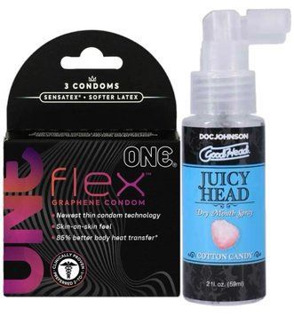 Комплект 3 шт ONE Flex + Спрей Doc Johnson GoodHead &ndash; Juicy Head Dry Mouth Spray &ndash; Cotton Candy 59мл SOS6175 фото