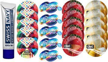 Набор из Swiss Navy Water-Based 10 мл + ONERibs + ONE UltraFeel + ONEChocolateStrawberry + ONEBanana SOS8530 фото
