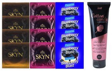 Комплект: Лубрикант Intt Cotton Candy (100мл) +8 шт. SKYN+4 шт. Pasante Blueberry Blast SOS10439 фото