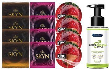 Комплект: Пролонгатор Super Orgasm Stop Гель (150 мл) + 8 шт. SKYN + 4 шт. ONE Chocolate Strawberry SOS10765 фото