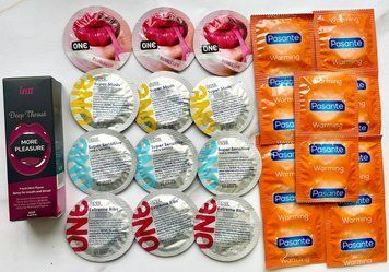 Набір 22 шт ONE Flavor Waves, Super Sensitive, Extreme ribs , Super Studs - Pasante Warming + Intt Deep Throat Oral Spray (12 мл) SOS1825 фото