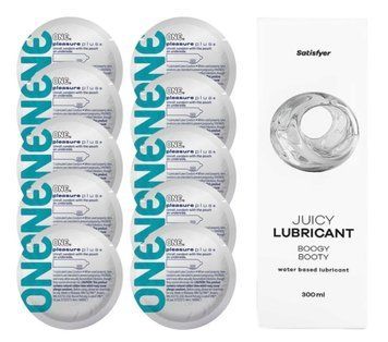 Комплект 𝐎𝐍𝐄 𝐏𝐥𝐮𝐬 10 шт. + Лубрикант Satisfyer Juicy Lubricant Boogy Booty (300 мл) SOS12339 фото