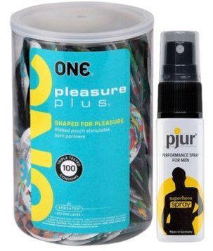 Набор из ONE Pleasure Plus, 100 шт + Пролонгатор pjur Superhero Spray 20 мл SOS9137 фото