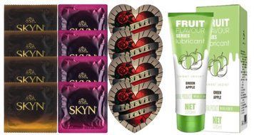 Комплект: Лубрикант OLO со вкусом яблока (120 мл) + 8 шт. SKYN + 4 шт. Pasante Heart SOS10716 фото