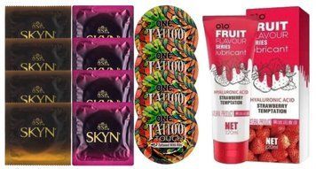 Комплект: Лубрикант OLO со вкусом клубники (120 мл) + 8 шт. SKYN + 4 шт. ONE Tattoo Touch SOS10616 фото