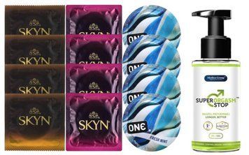 Комплект: Пролонгатор Super Orgasm Stop Гель (150 мл) + 8 шт. SKYN + 4 шт. ONE Fresh Mint SOS10766 фото