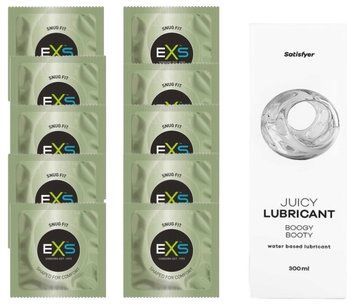 Комплект: из EXS Snug Fit 10 шт + Лубрикант Satisfyer Juicy Boogy Booty water based 300 мл SOS11300 фото