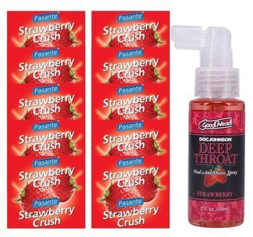 Набор Pasante Strawberry Crush 10 шт. + Doc Johnson DeepThroat Spray &ndash; Strawberry (59 мл) SOS13986 фото