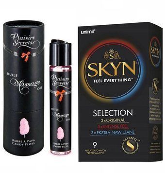 Набір : Масажна олія Plaisir Secret  Candy Floss 59 мл та Skyn Selection &ndash; 9 шт SOS663 фото