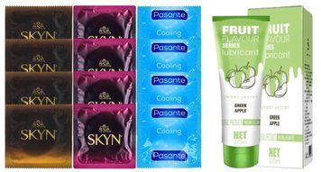 Комплект: Лубрикант OLO со вкусом яблока (120 мл) + 8 шт. SKYN + 4 шт. Pasante Cooling SOS10717 фото