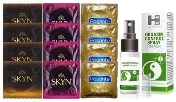 Комплект: Пролонгатор SHS Orgasm Control Spray 15 мл + 8 шт. SKYN + 4 шт. Pasante King Size SOS10911 фото