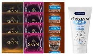 Комплект: Пролонгатор Medica-Group Orgasm Max 50 мл + 8 шт SKYN + 4 шт Pasante Chocolate SOS10960 фото