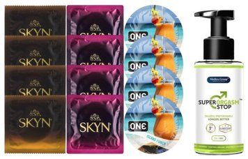 Комплект: Пролонгатор Super Orgasm Stop Гель (150 мл) + 8 шт. SKYN + 4 шт. ONE Island Punch SOS10767 фото