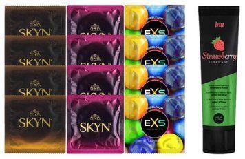 Комплект: Лубрикант Intt Strawberry (100 мл) + 8 шт SKYN + 4 шт EXS BUBBLEGUM SOS10389 фото