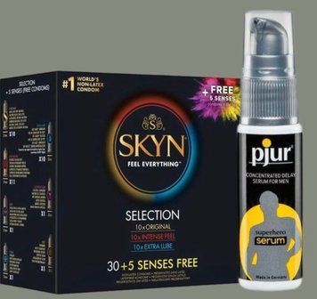 Набір Skyn Selection 30 шт + 5 of 5 Senses + Пролонгувальний гель pjur Superhero Serum 20 мл SOS4959 фото