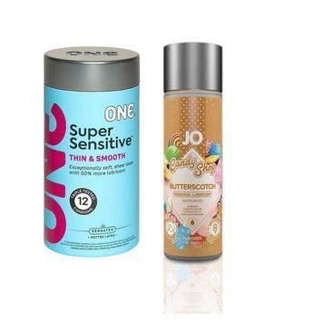 ONE Super Sensitive Pack 12 шт. + Лубрикант на водной основеSystem JO H2O &mdash; Candy Shop &mdash; Butterscotch (60 мл) SOS6496 фото