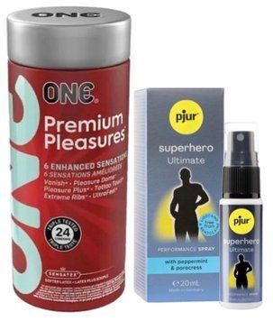 Набор из 24 шт ONE Premium Pleasures + Пролонгатор pjur Superhero Ultimate Spray 20 мл SOS9384 фото